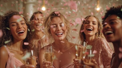 Elegant bachelorette party scene featuring a group of women celebrating with drinks and floral decorations. Captures excitement, friendship, and joyful moments. Ideal for wedding-related content and s