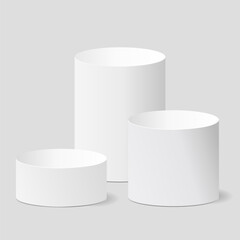 3d white product display, three cylinder pedestal podium like show on stage, round geometric shape for empty studio mockup, vector illustration design for presentation on platform, cosmetic, EPS10