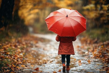 Obraz premium Joyful Children Playing Under a Red Umbrella on a Rainy Autumn Day
