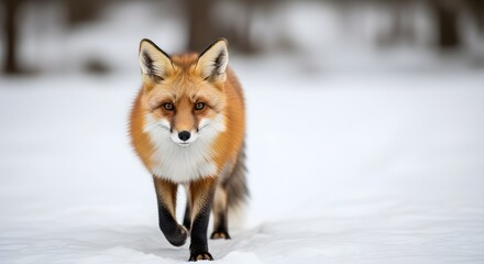 A red fox walks through a snowy landscape, looking directly at the viewer.