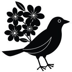 Stylized black silhouette of a bird with flowers and leaves