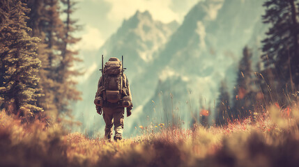 Adventurer in Natural Landscape with Distant Mountain Scenery