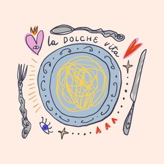 Mediterranean romantic food aesthetic cute hand drawn pasta spaghetti lettering print Italian elements, summer vacation positive vibe mood. La dolce vita doodle text inscription, perfect for cafe and