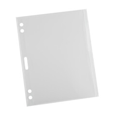 Empty, transparent plastic sheet protector, A4/letter-sized, with top opening and three punched holes, clear polyethylene, isolated on transparent in a hyper-realistic top-down studio shot, pristine