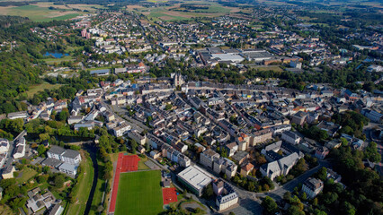 Aerial panorama view of the old town of the city Hof on a sunny noon in summer in Germany.
