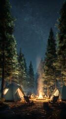 A lone campfire illuminates a serene forest landscape at night, with mist rising softly from the nearby river under a starlit sky