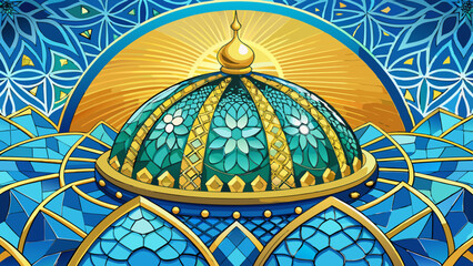 Tile mosaics in vivid blue, turquoise, and gold form symmetrical floral patterns. The close-up of the golden dome above glows softly under pale morning sky.

