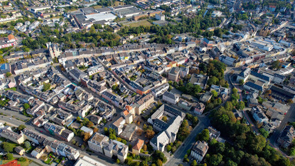 Aerial panorama view of the old town of the city Hof on a sunny noon in summer in Germany.
