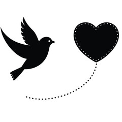 Black silhouette of a bird flying towards a heart shape with dotted line