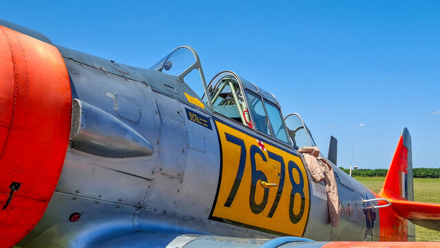 Breclav, Czech Republic, Air day Breclav 2025 &ndash; June. 21. 2025 Vintage Aircraft Close Up Display Engine Number 7678 Airfield Blue Sky .North American T-6 Texan