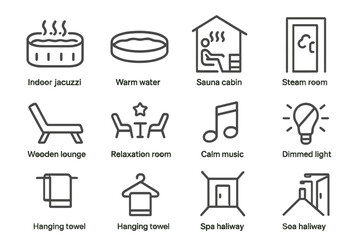 Spa icons: jacuzzi, sauna, relaxation room, calm music, dimmed light