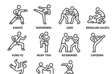 Martial arts: karate, taekwondo, judo, brazilian jiu-jitsu, kung fu, muay thai