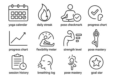 Fitness app icons: yoga, progress, flexibility, strength, mastery