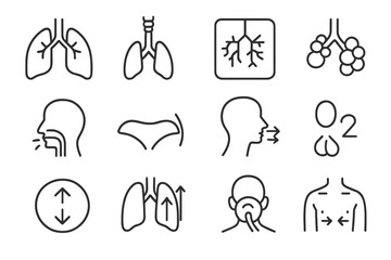 Simplified respiratory system icons: lungs, diaphragm, breathing, oxygen, airflow