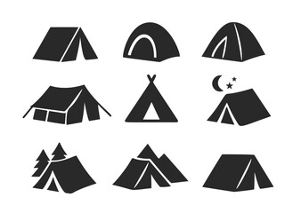 Tent camp vector silhouette black icon. Isolated tent outdoor military holiday camping vacation icon
