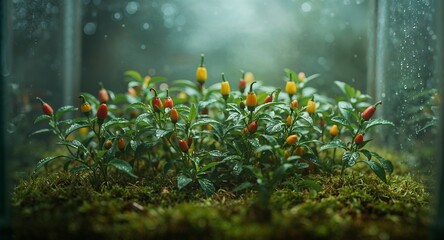 Close up of small chili pepper plants with red and yellow peppers inside a glass container view