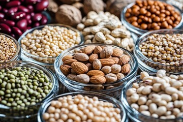 Obraz premium Nutritious Ingredients: A Colorful Display of Beans and Nuts as Essential Sources of Vegetable Protein
