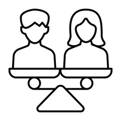 Man and woman on scales thin line icon, family lawyer concept. Vector graphics. Married couple problem, human rights sign on white background, style mobile or design.
