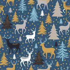 Vintage reindeer in winter forest among pine trees linear minimalistic vector seamless pattern. Winter wonderland deer background. Merry Christmas surface design for gift wrapping paper.