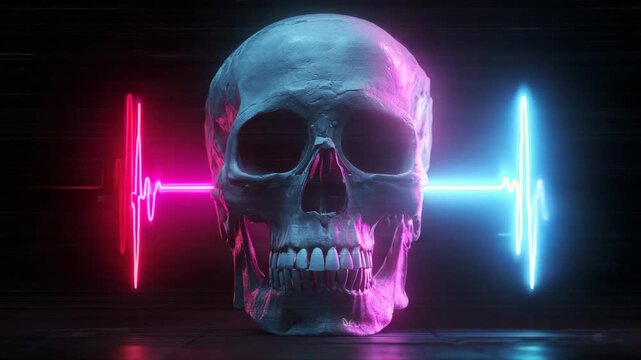 Futuristic Glowing Skull with Audio Equalizer Waves on Dark Background for Music Visualization and Gothic Electronic Party Animation, Video