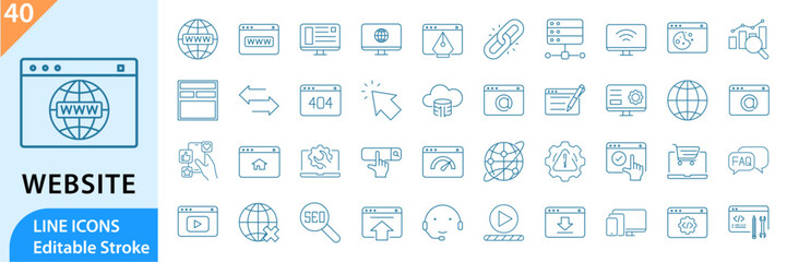 Website icon set. Website line icons. Containing web design, internet, and more. Line icon collection. Vector illustration. Editable Stroke.