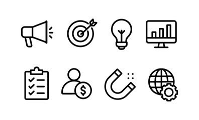 Business icons: megaphone, target, bulb, chart, checklist, profile, magnet, globe