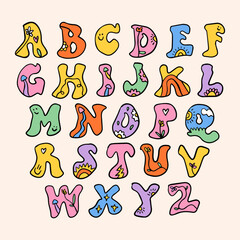 Groovy liquid positive vibe aesthetic hand-drawn bright color alphabet font with flowers and mushrooms in hippie bohemian groovy postmodern funky 1960s boho mushroomcore trendy psychedelic style