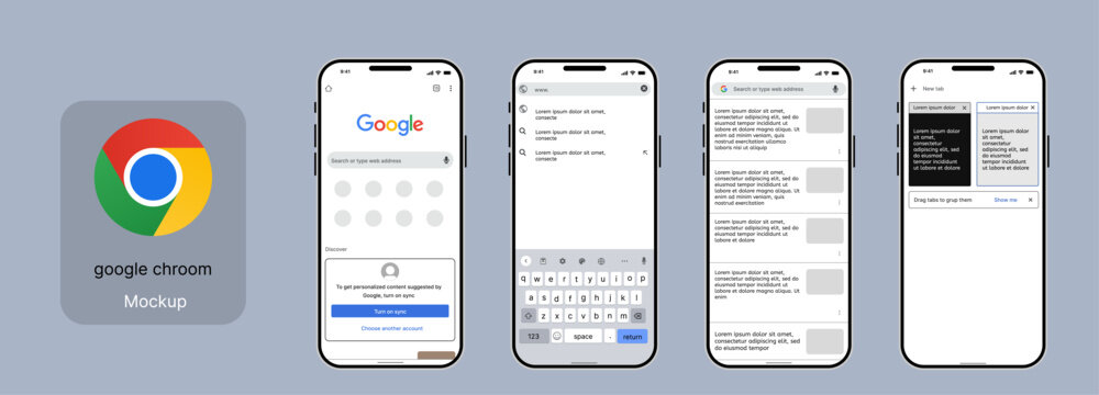 
Google Chrome mobile app mockup, browser UI design on iPhone, Google Chrome user interface, smartphone browser screen, Chrome app UX design. 