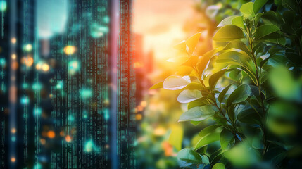 A blurred view of a digital landscape with glowing binary code and green leaves, symbolizing the harmony between technology and nature