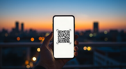 Smartphone Displaying QR Code Against a Cityscape at Dusk.