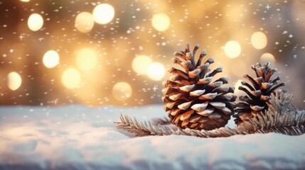 winter wonderland pine cones in snowy scene with bokeh lights