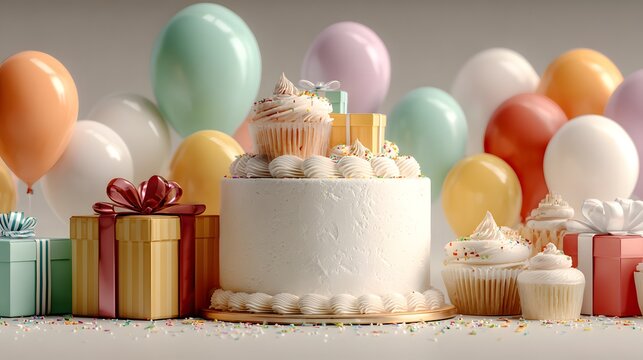 Elegant Birthday Cake Decorated With Colorful Balloons And Gifts
