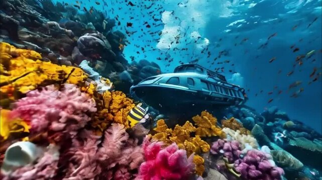 Large bathyscaphe floating in middle of deep ocean during exploration, abstract vivid composition consists of fictional unreal fantastic vision on background