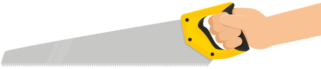 Hand holding a flat-style handsaw (cut-off)