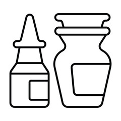 Bottle and jar of cold medicine thin line icon, pharmacy concept. Vector graphics. Medicine bottle pair sign on white background, style mobile or design.