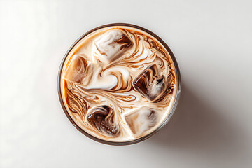 Iced Coffee with Swirling Cream on White Surface
