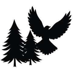 Silhouette of a bird with outstretched wings flying over pine trees