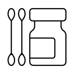 Two ear swabs and jar thin line icon, pharmacy concept. Vector graphics. Jar of medicine and swab stick pair sign on white background, style mobile or design.