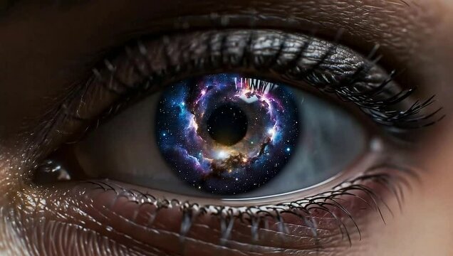 eye blinking with a nebula galaxy in the middle