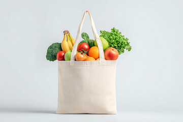 Canvas Grocery Bag with Fresh Food on White Background