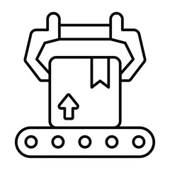 Obraz premium Box on conveyor with large robotic arm thin line icon, pharmacy concept. Vector graphics. Conveyor belt package, production sign on white background, style mobile or design.