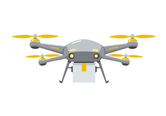 A gray drone carries a white package tied with yellow ribbon against a white background