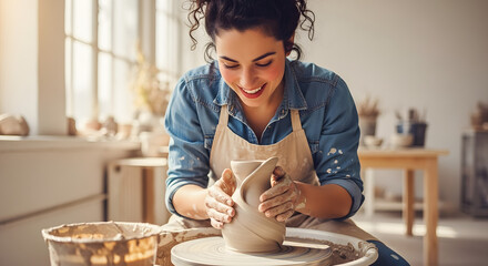 A smiling woman enjoys shaping a clay vase on a pottery wheel