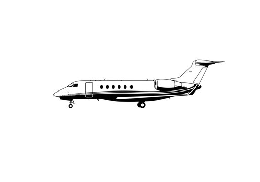 A detailed line drawing of a private jet on a white background