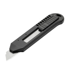 A sharp snap-off blade knife with a robust plastic body and extendable metallic blade, presented in a 3/4 view on a transparent background with bright studio lighting. Industrial tool concept