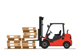 A red forklift lifting pallets in a warehouse or industrial setting