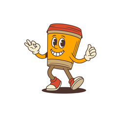 Energetic coffee cup mascot in sneakers dancing joyfully while showing OK and thumbs up gestures. Suitable for cafe branding, social media or product packaging. Vector illustration