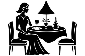 Silhouette Vector Art Illustration of  Woman Sitting at Candlelight Dinner Table