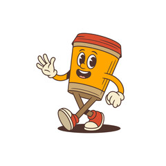 Bright cartoon coffee cup mascot with red lid walking energetically and swinging arms. Ideal for cafe branding, packaging, websites, and advertising projects. Vector illustration