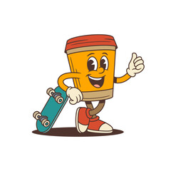 Funny orange takeaway coffee cup character with red lid leaning on green skateboard and making thumbs up gesture. Suitable for cafe branding, packaging and youth marketing. Vector illustration